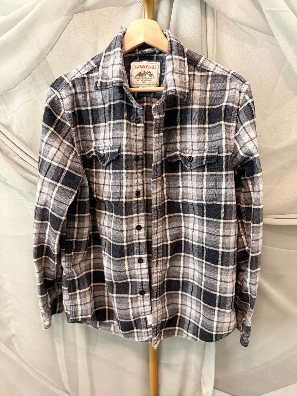 American Eagle Outfitters Black & White Plaid Button-Down Shirt